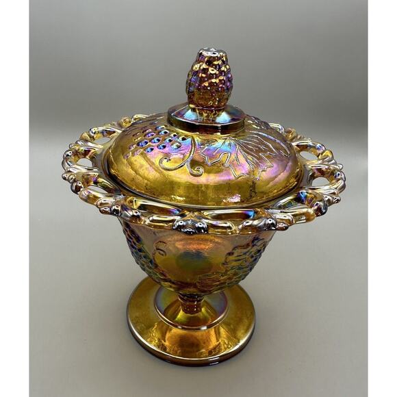 Vintage Indiana Marigold Harvest Grapes Pattern 6.85" Tall Candy Dish with Lid - Picture 2 of 6